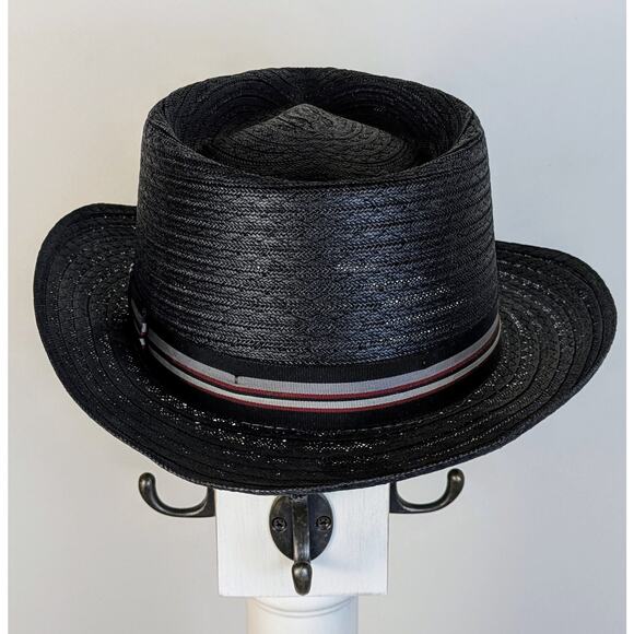 VTG Haband Black Straw Fedora Hat Medium 22" Gray Striped Hatband Made in USA - Picture 2 of 11